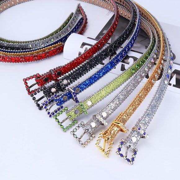 2292 Womens Thin Belts Skinny Leather Belt Luxury Strap Rhinestones Studded